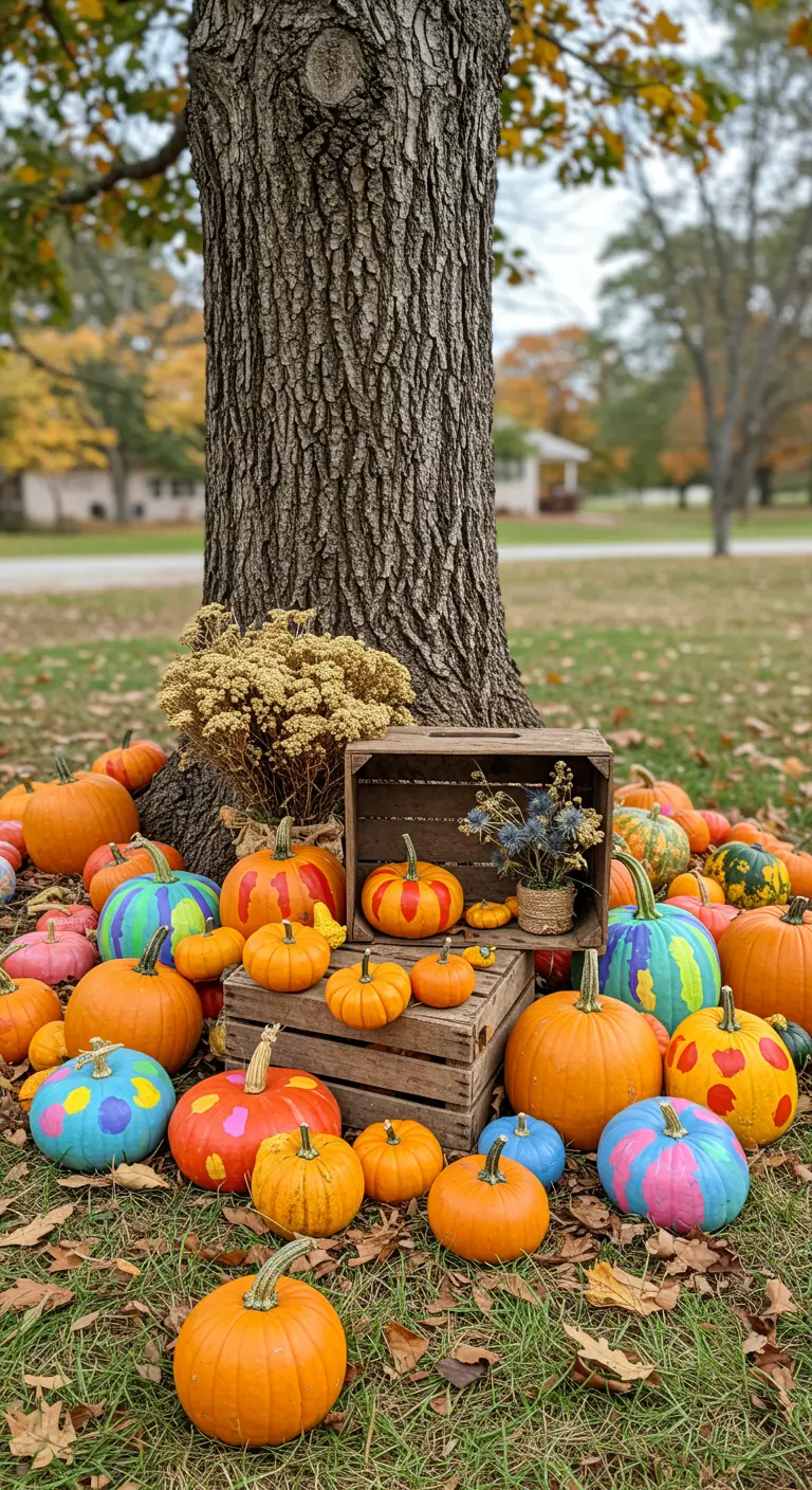 Citrouilles peintes de couleurs vives disposées au pied d'un arbre.