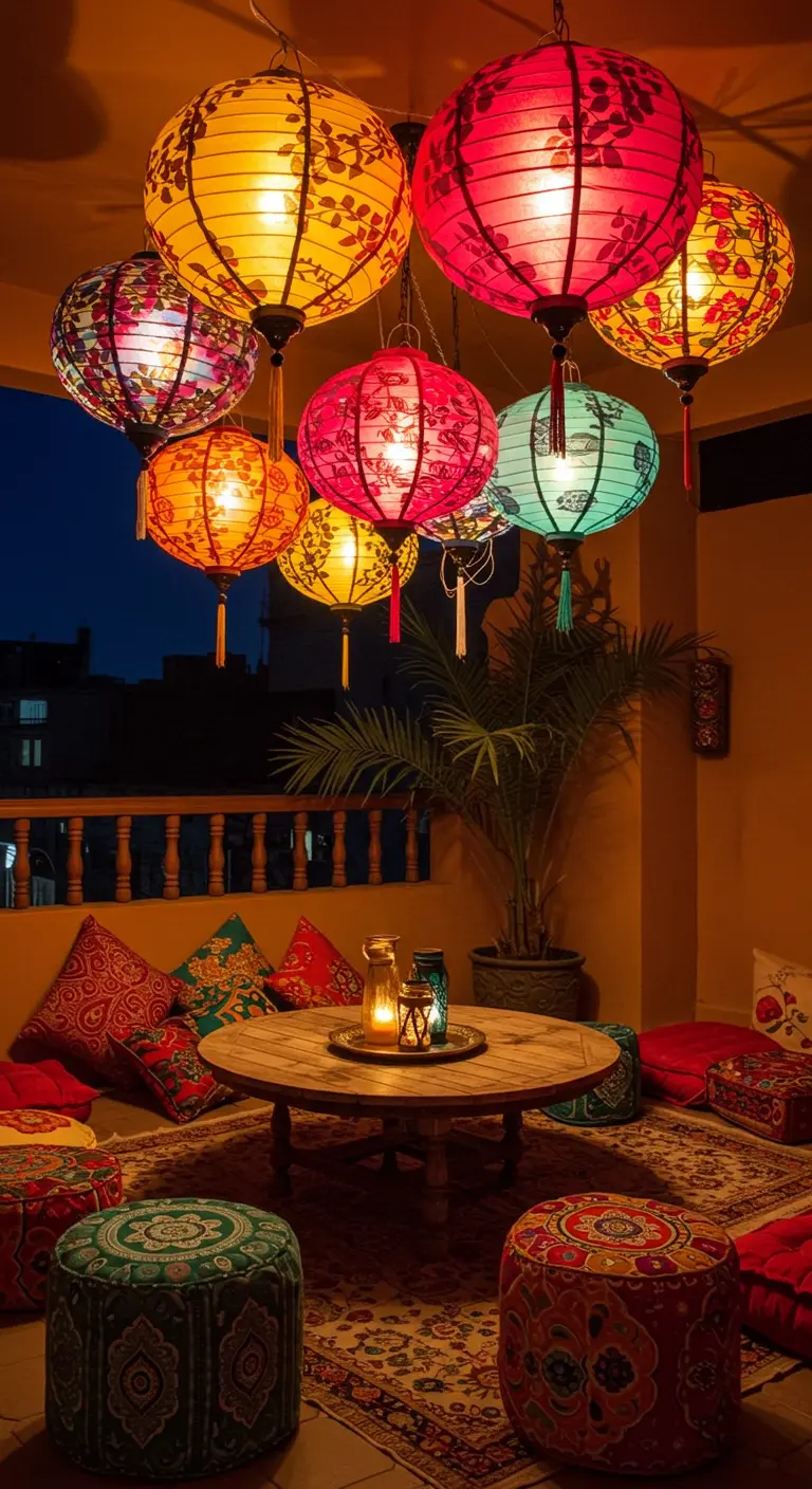 Groupe de lampions en papier colorés et à motifs suspendus au-dessus d'un coin salon bas.