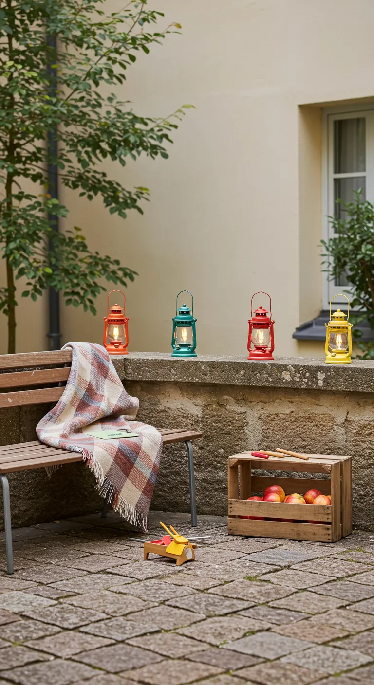 Banc en bois devant un muret sur lequel sont alignées quatre petites lanternes de couleurs vives.
