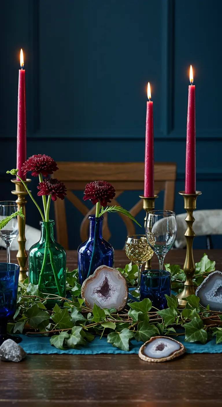 Table de fête décorée de géodes d'agate, de lierre, de bougies rouges et de fleurs sombres.