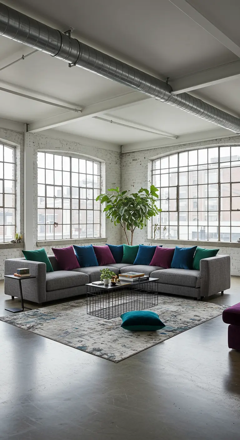 Canapé d'angle gris dans un loft industriel avec des coussins aux couleurs de pierres précieuses.