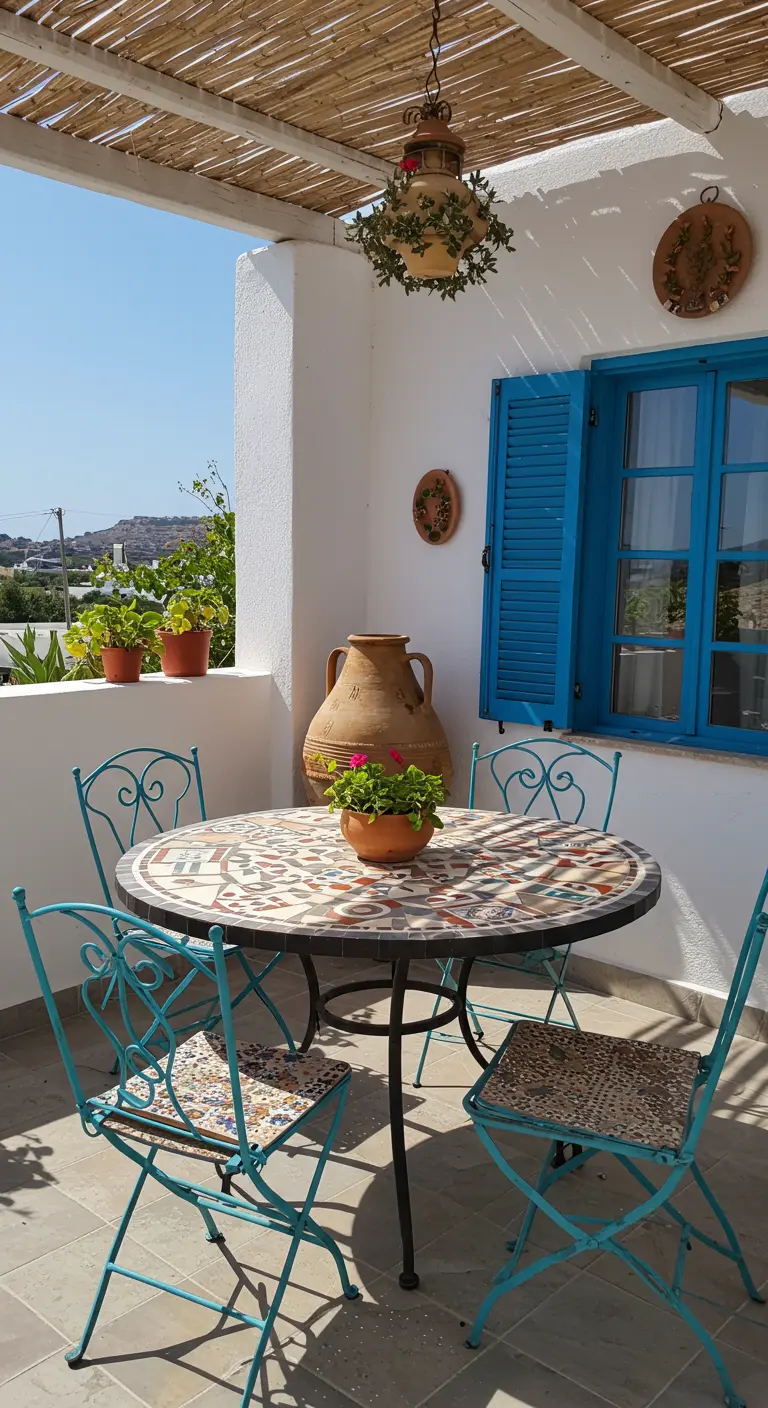 Table ronde à plateau en mosaïque et chaises turquoise sur un balcon ensoleillé