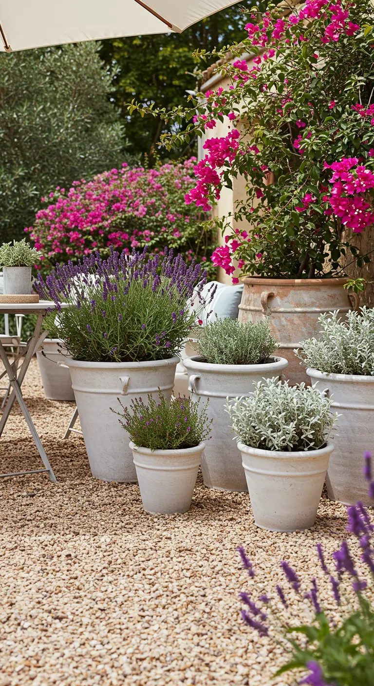 Groupe de pots en terre cuite claire avec lavande, santoline et bougainvillier.