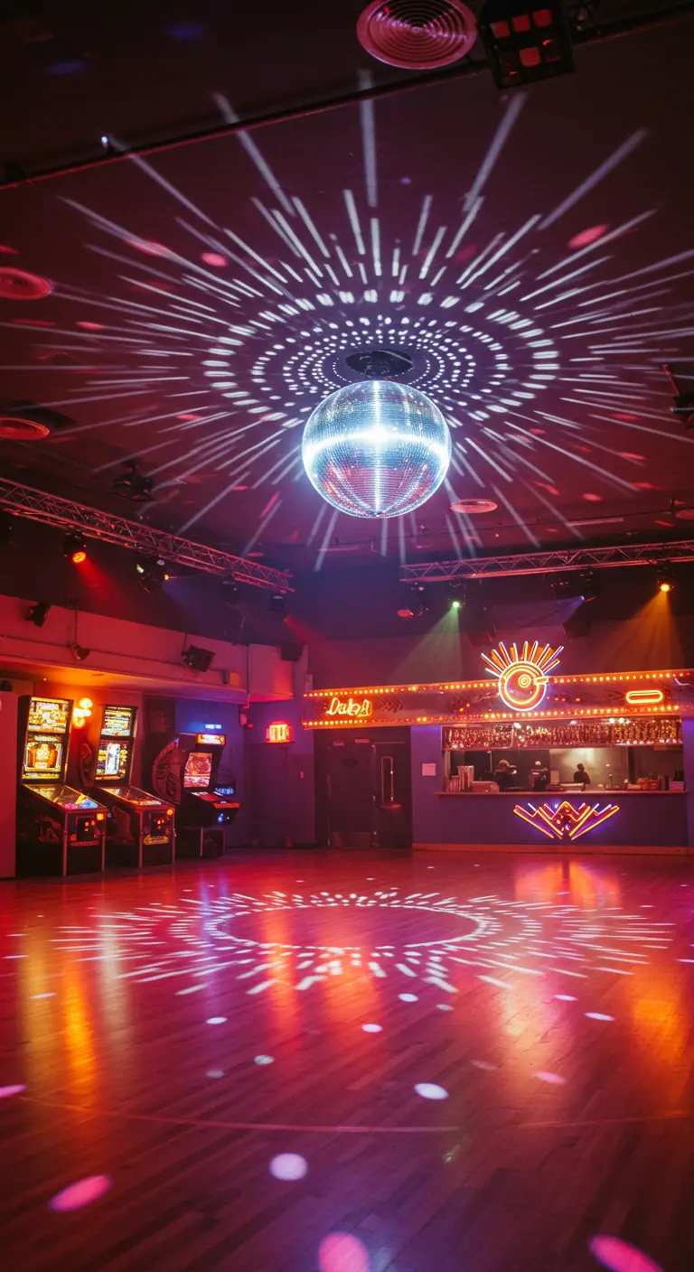 Une piste de danse en bois baignée de lumière rouge par une boule à facettes.