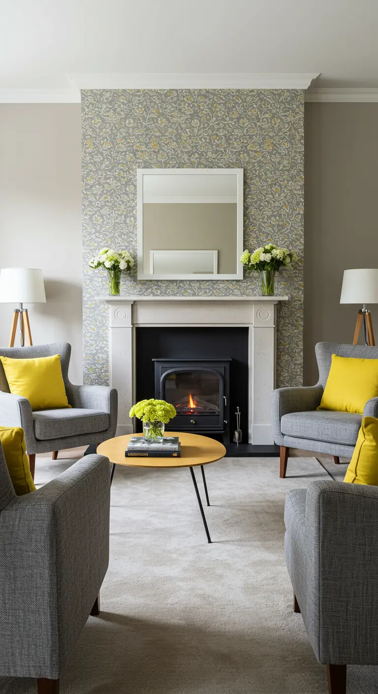 Fauteuils gris avec des coussins jaune vif disposés symétriquement.