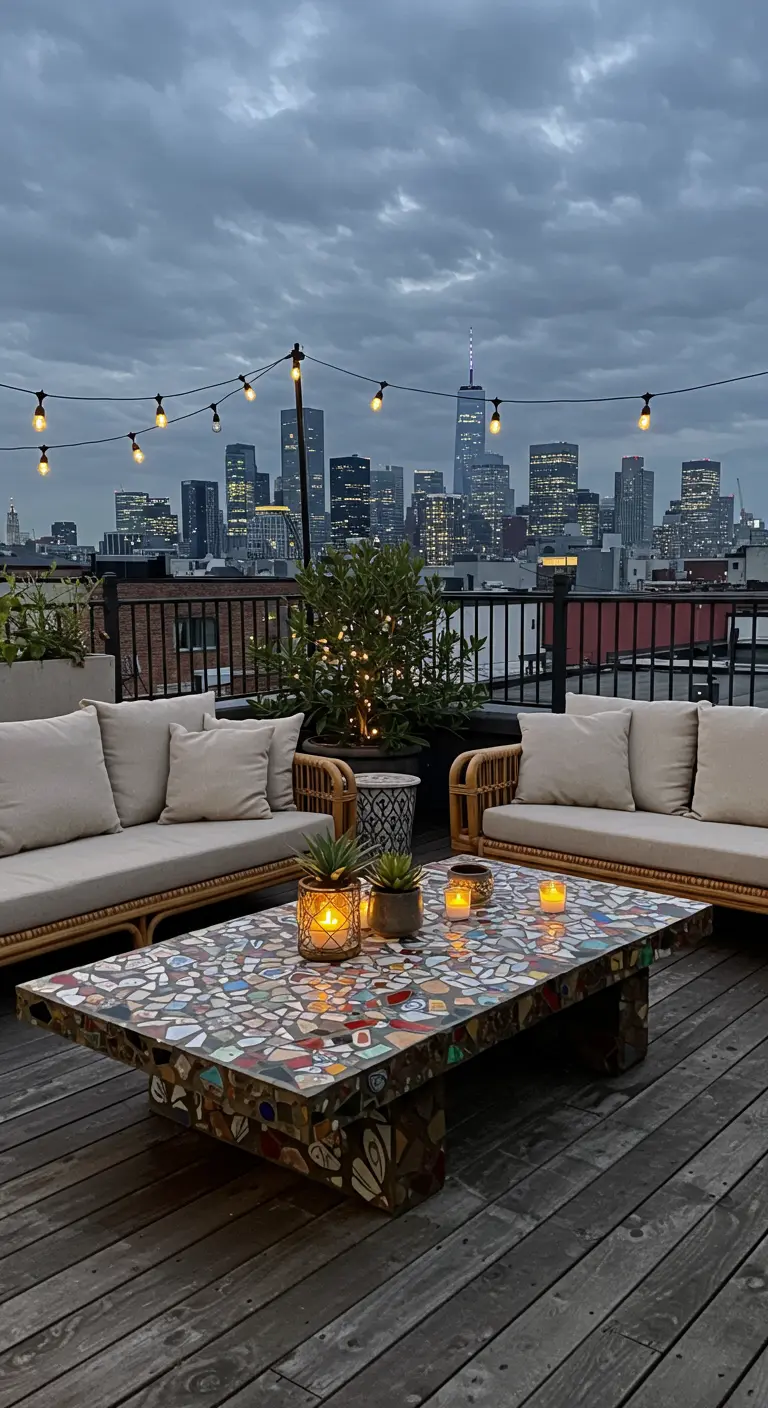 Table en mosaïque de vaisselle cassée sur un rooftop avec vue sur la ville.