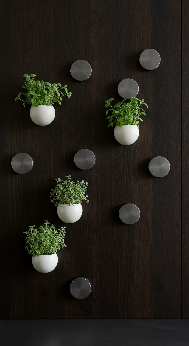 Pots sphériques blancs avec herbes et disques magnétiques argentés sur un panneau de bois foncé.