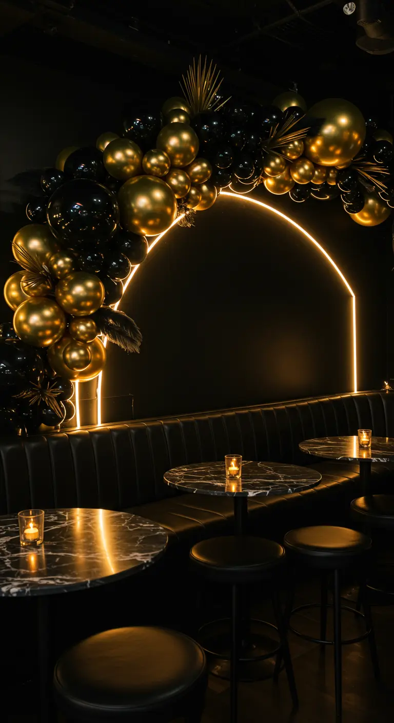 Demi-arche de ballons noir et or suivant un néon circulaire dans un bar.