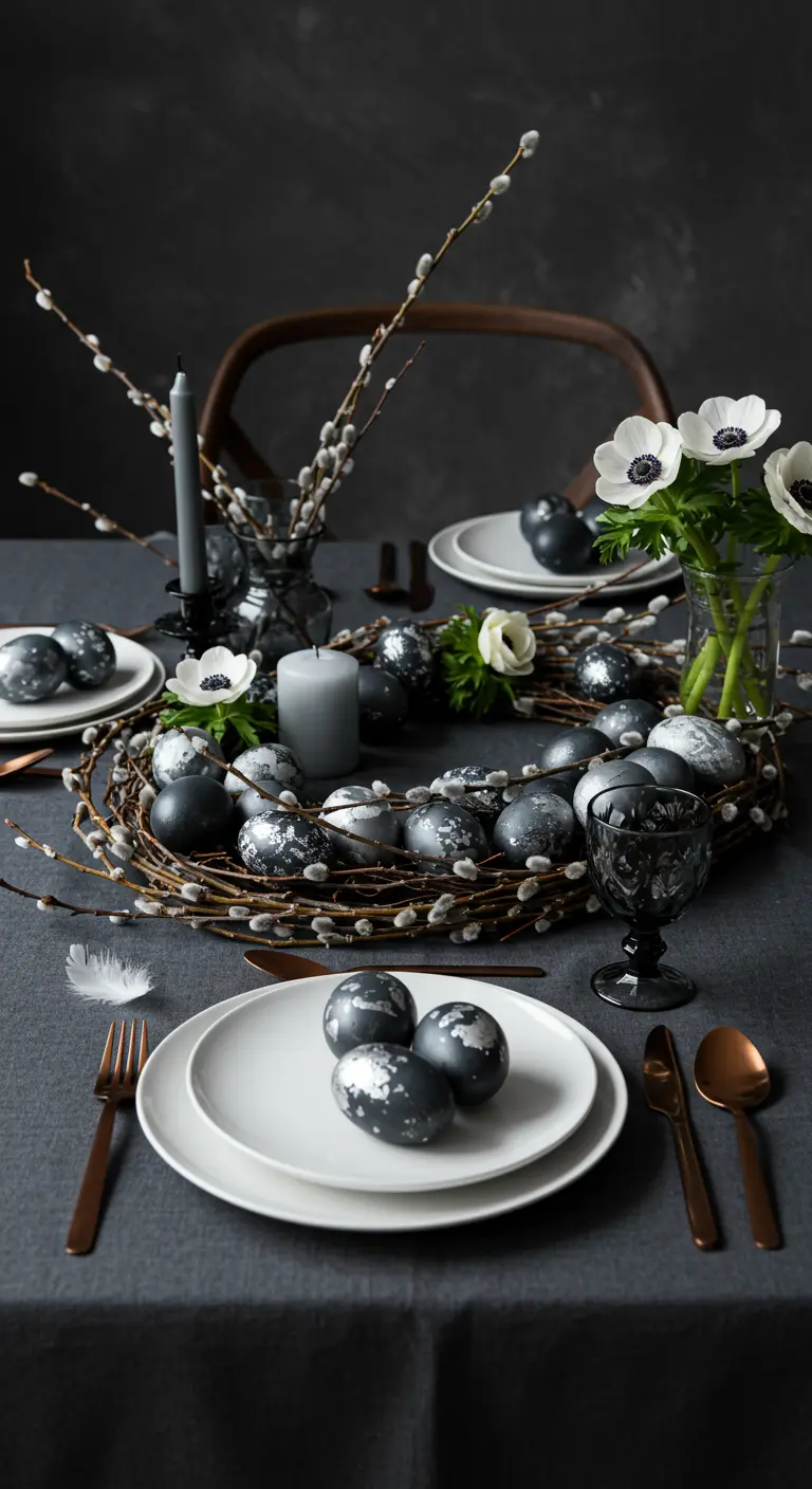 Table de Pâques sombre et chic avec des œufs argentés, des anémones et des bougies grises.