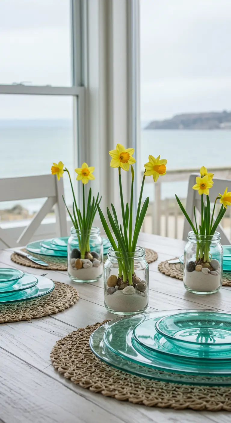 Narcisses dans des bocaux en verre remplis de sable et de galets.