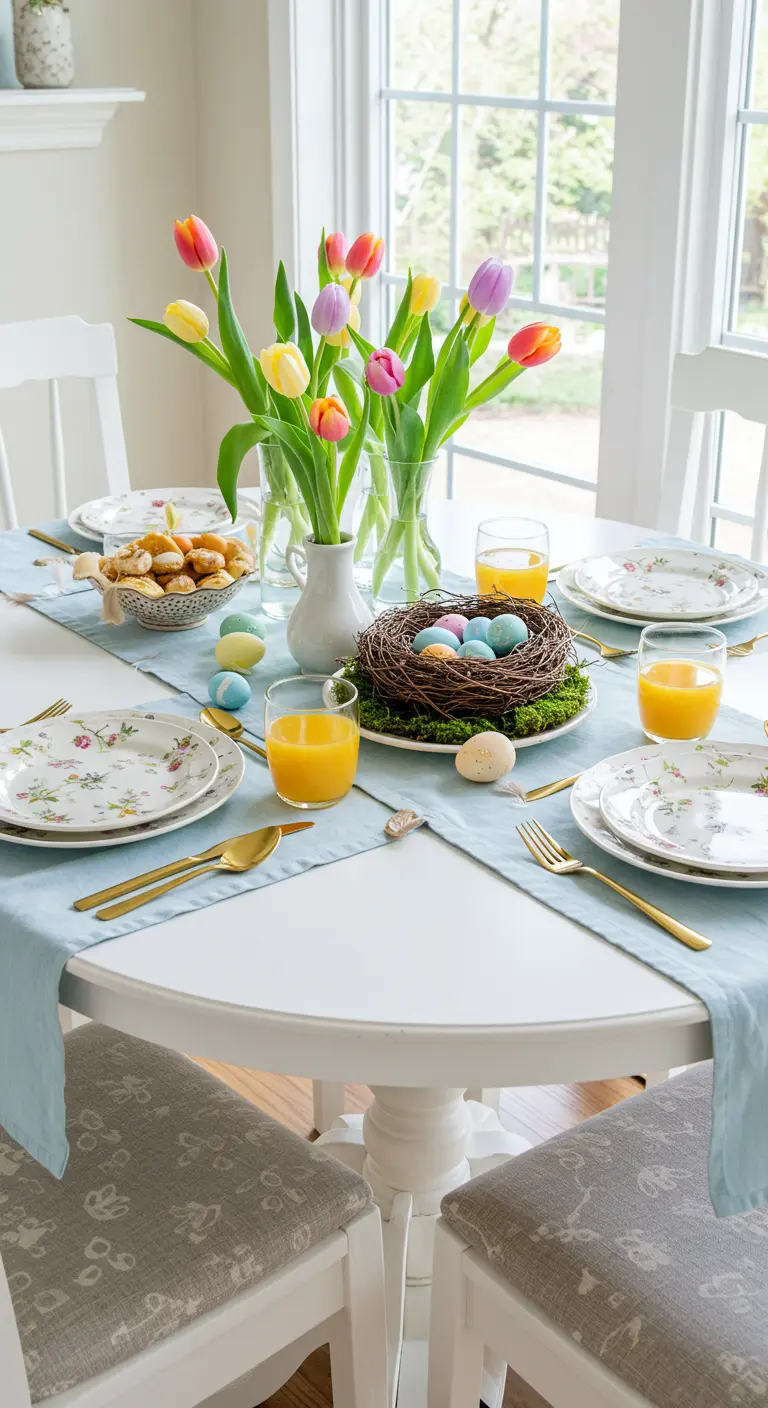 Table de Pâques lumineuse avec tulipes, œufs colorés et vaisselle fleurie.