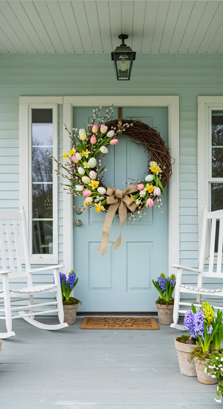 Couronne de Pâques avec tulipes et narcisses sur une porte d'entrée bleu pastel.