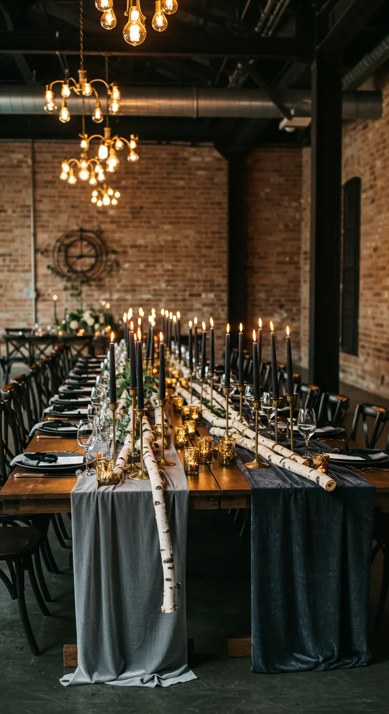 Longue table de mariage industrielle avec des bûches de bouleau et de hautes bougies noires.