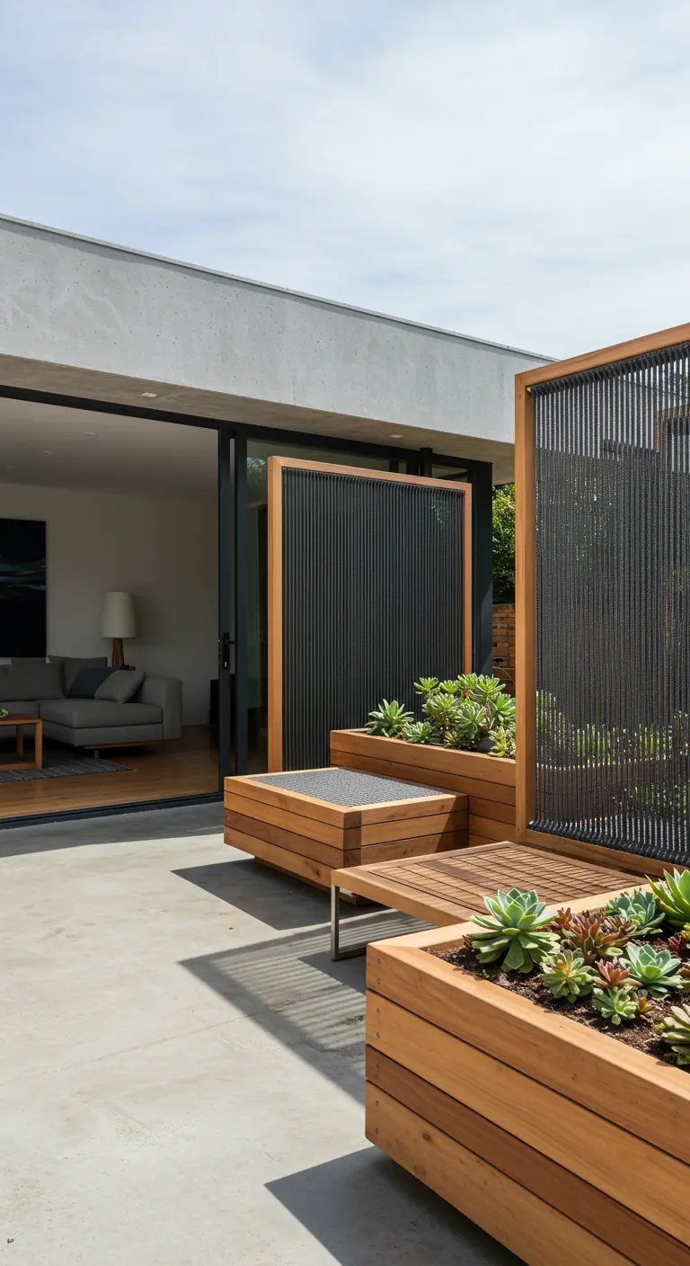 Écrans d'intimité en bois et corde noire intégrés à des jardinières modulaires en bois clair avec des succulentes, sur une terrasse moderne.