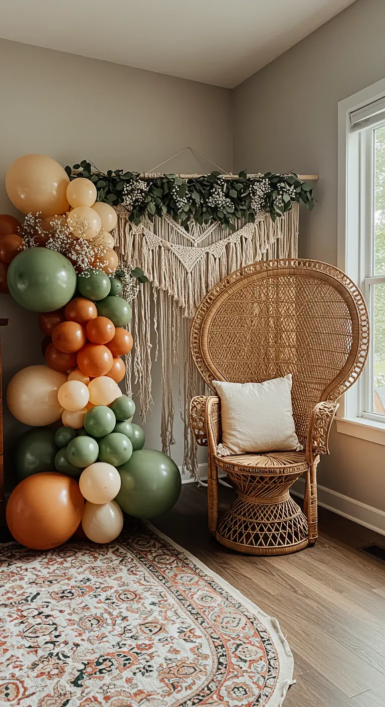 Photobooth bohème avec guirlande de ballons verts et orange, et un fauteuil en rotin.