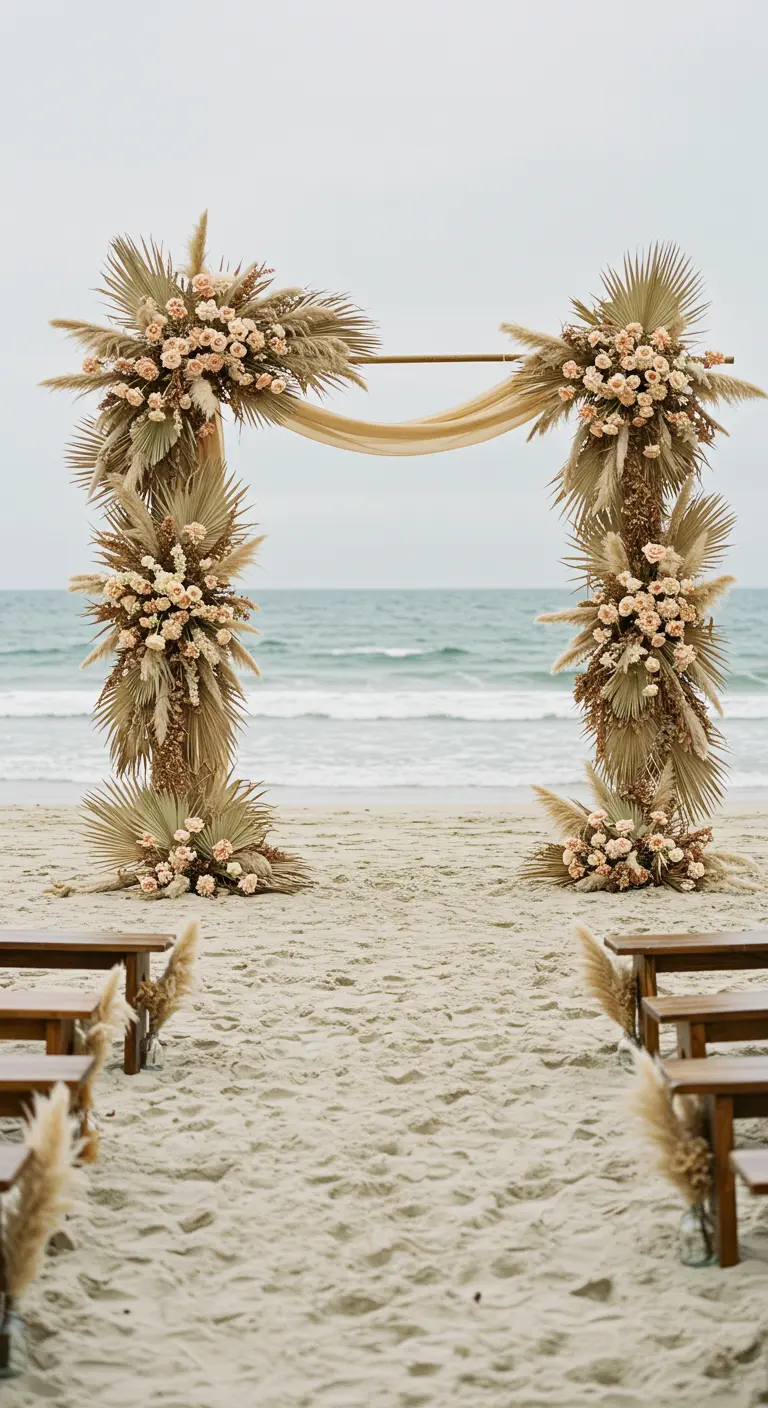 Arche de mariage sur la plage avec palmes séchées et herbe de la pampa.