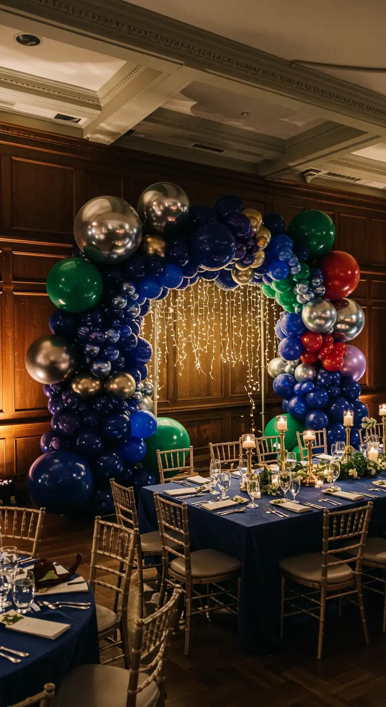 Arche de ballons aux couleurs de pierres précieuses avec des lumières.