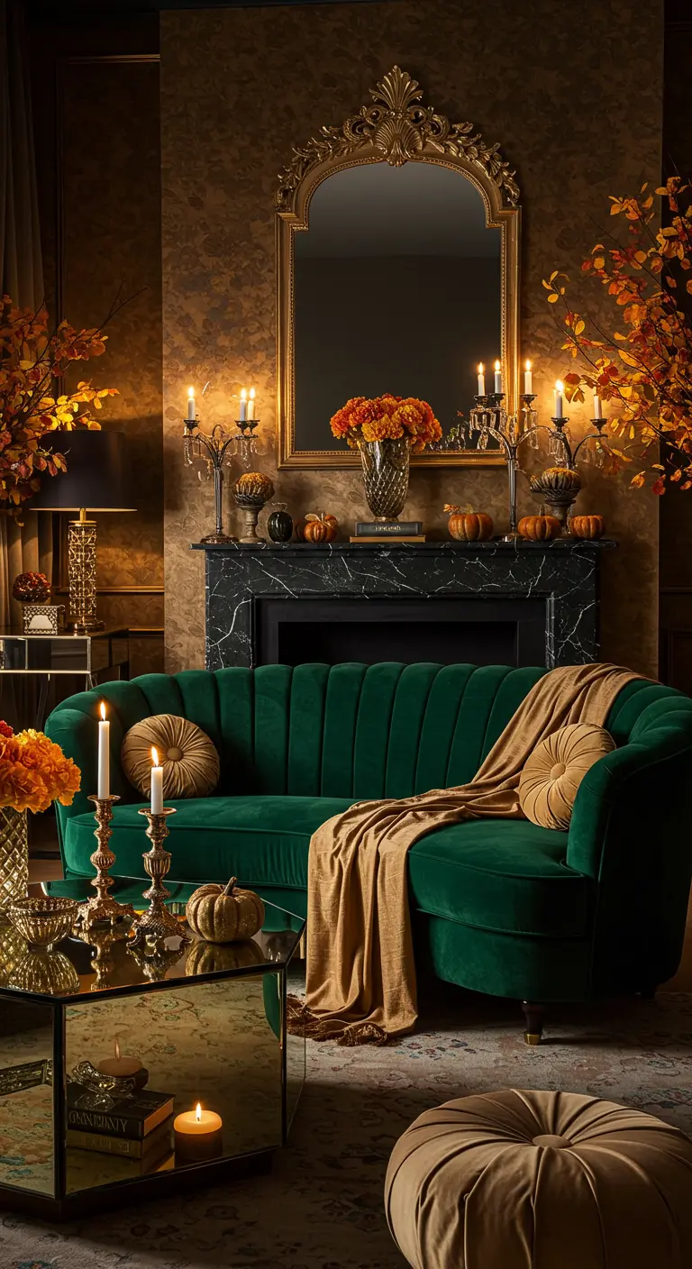 Salon luxueux avec canapé en velours vert, cheminée en marbre noir et miroir doré.