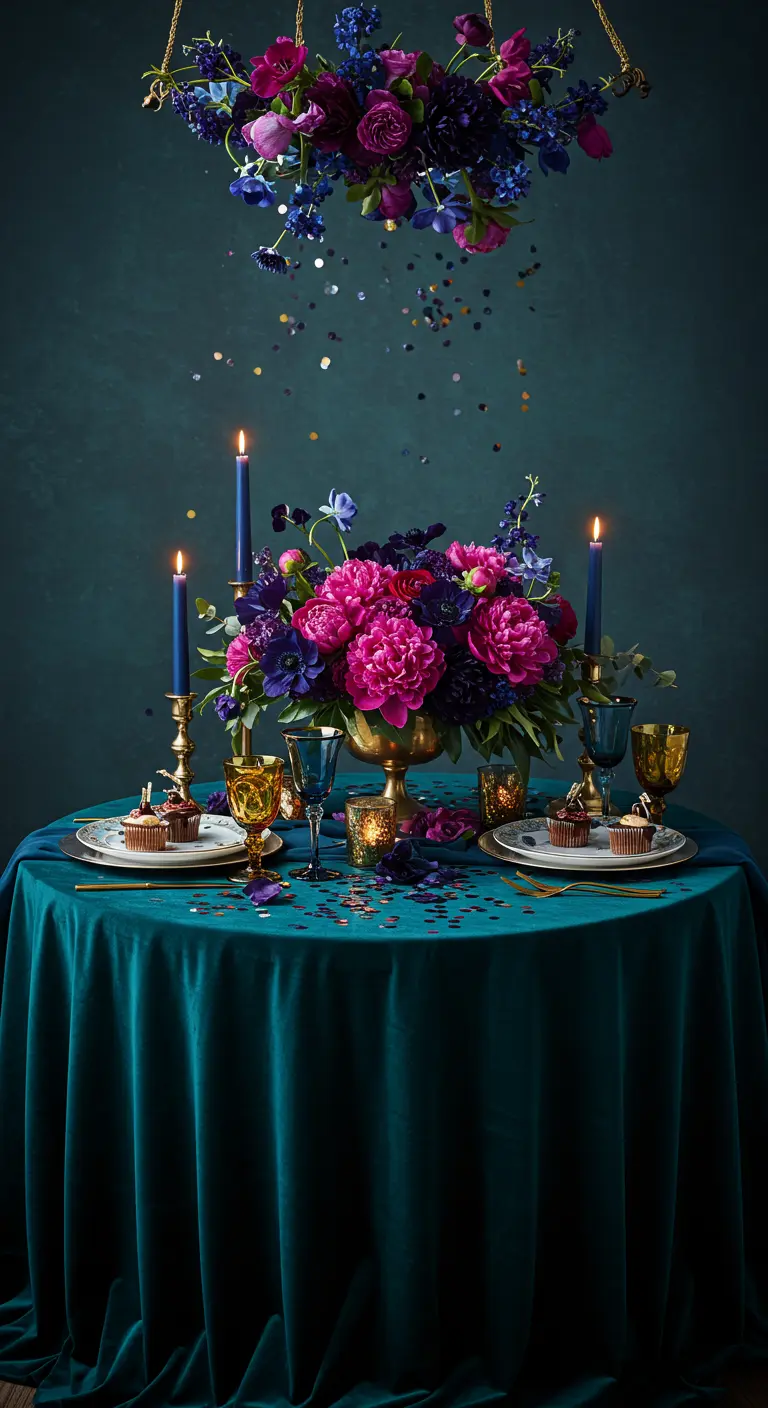 Table de fête intime aux couleurs riches (bleu, fuchsia) avec une nappe en velours.