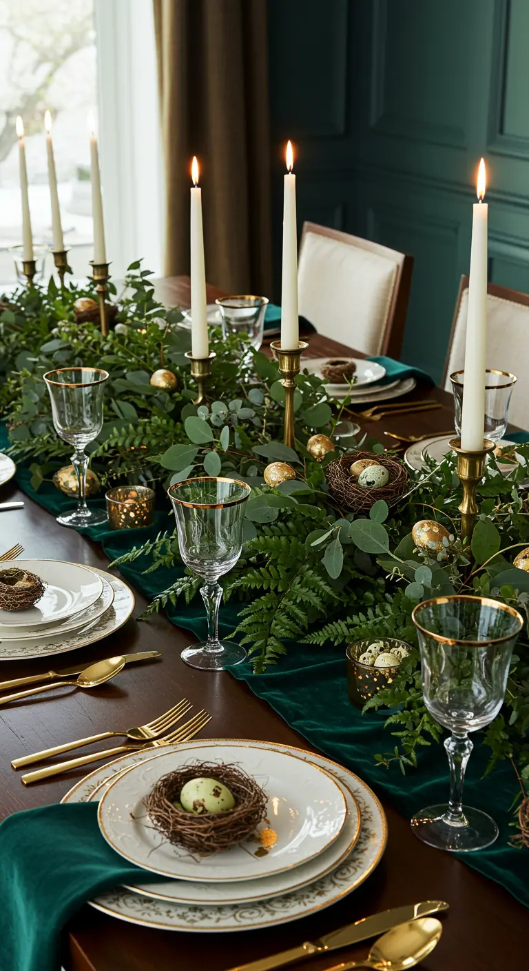 Table de Pâques élégante, chemin de table en velours vert, bougies et touches dorées.
