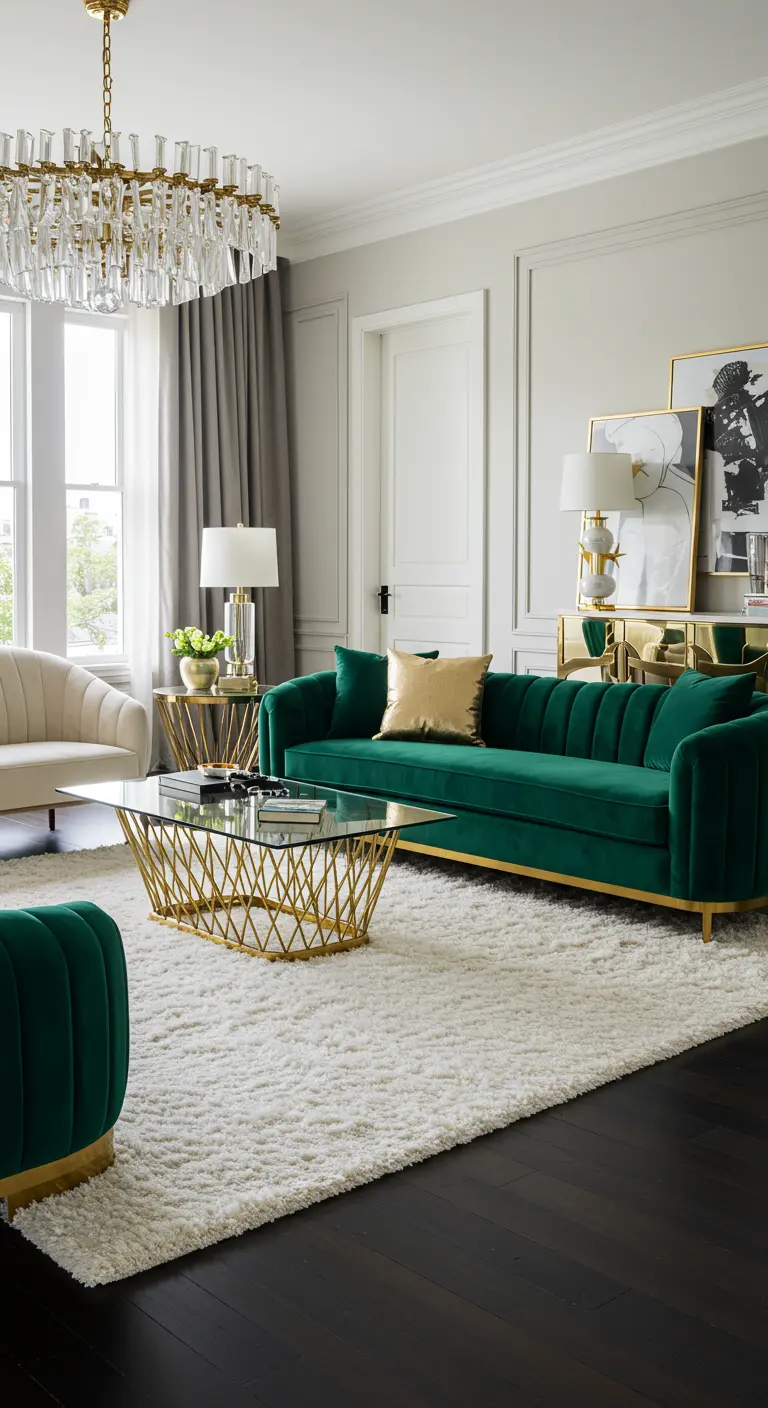 Salon glamour avec canapé en velours vert, table basse dorée et grand tapis blanc.