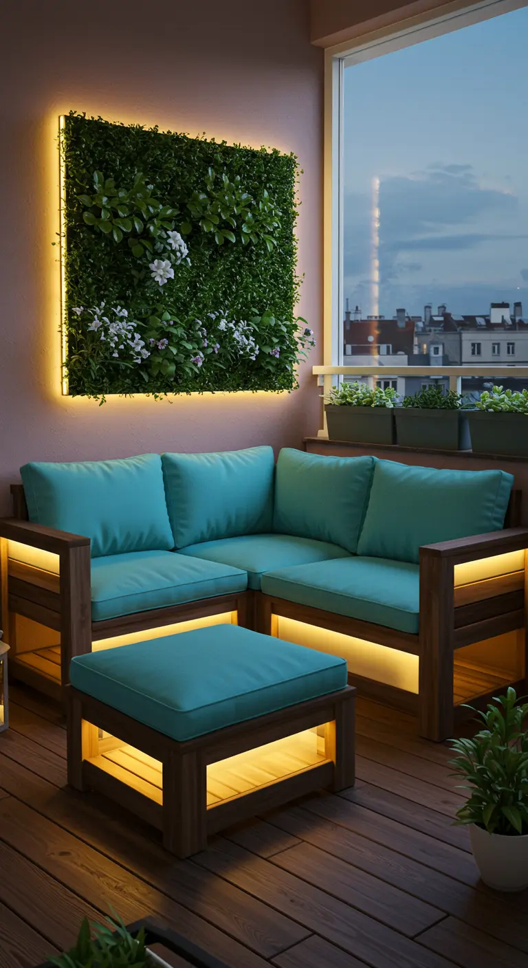Canapé d'angle en bois, coussins turquoise, LED chaudes, mur végétal et ottoman lumineux.