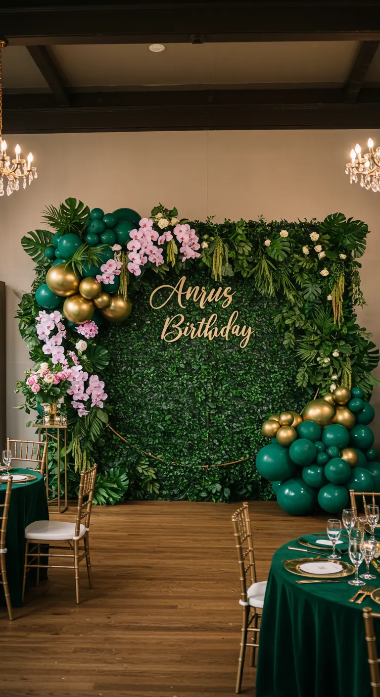 Mur végétal pour un anniversaire, décoré de ballons verts, dorés et d'orchidées roses.