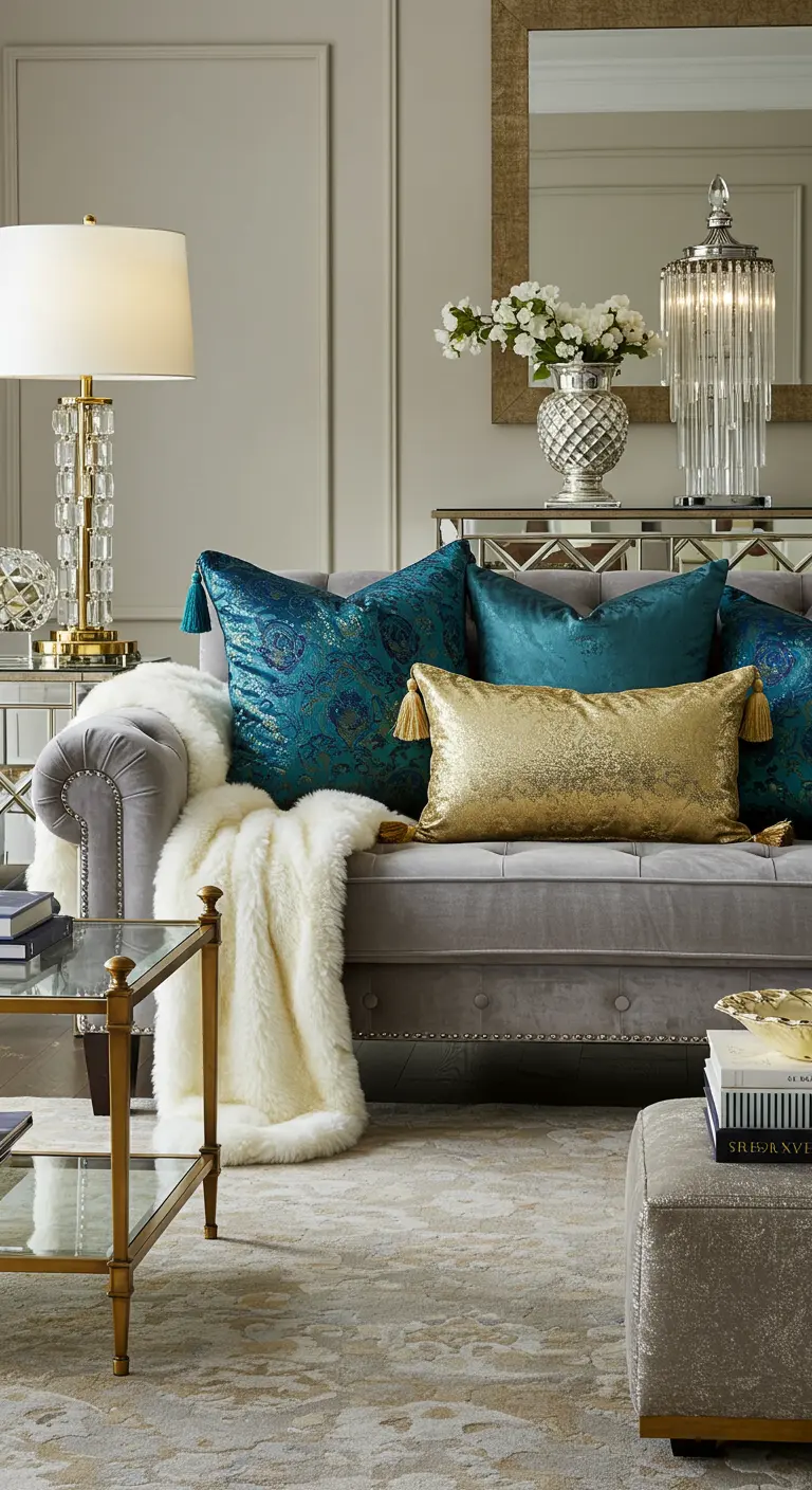 Canapé Chesterfield gris avec des coussins bleus et dorés en tissus précieux, et un plaid en fausse fourrure.