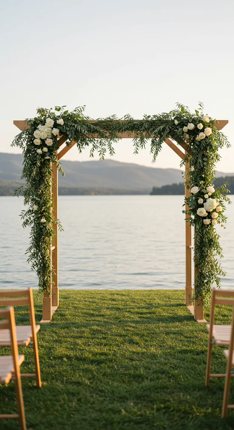 Arche pergolata en bois décorée de feuillages verts et de roses blanches au bord d'un lac.