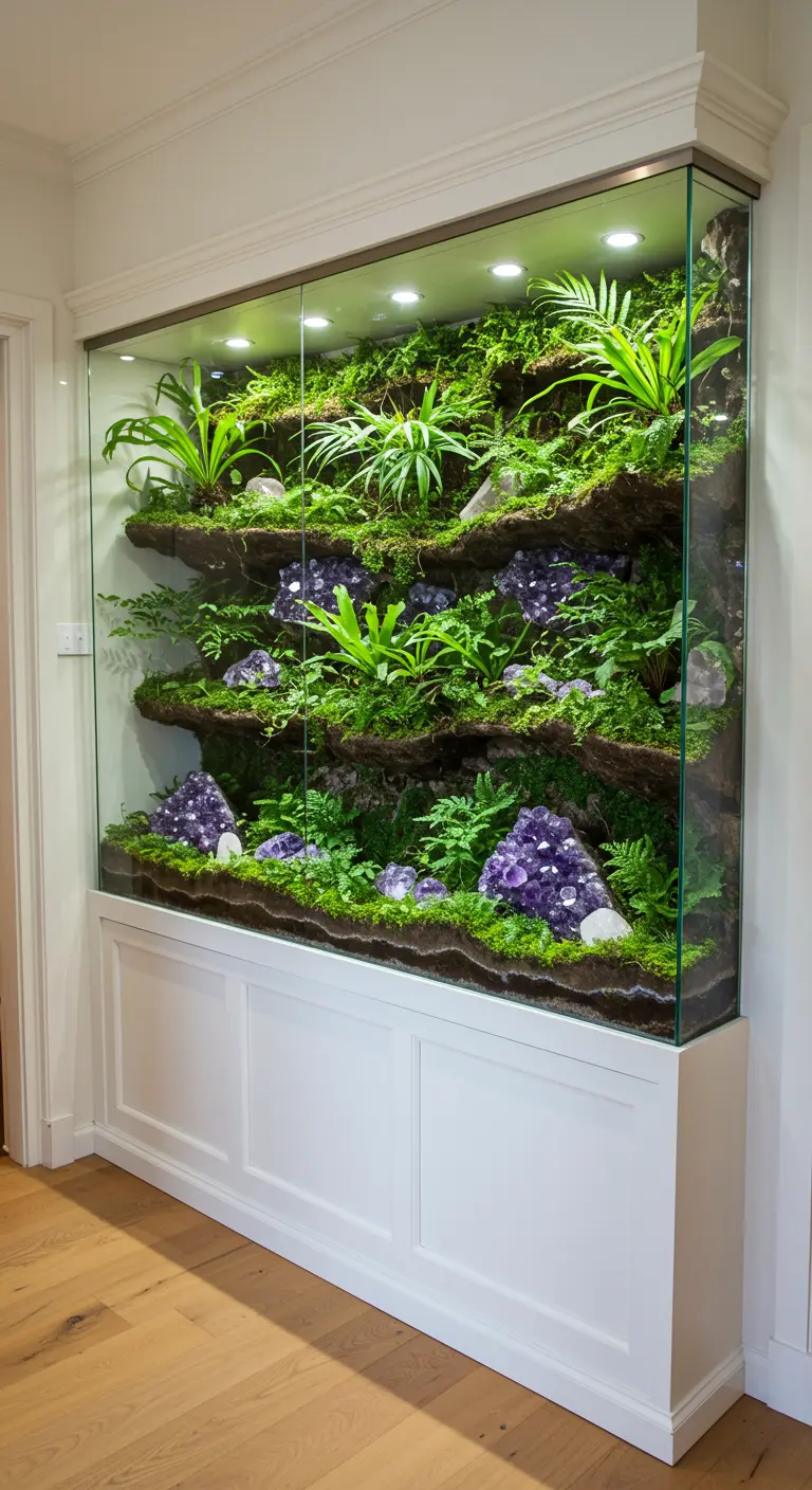Grand mur végétal en terrarium encastré, rempli de fougères, plantes et cristaux d'améthyste violets, éclairé.