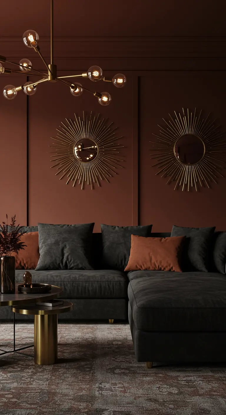 Salon sombre avec murs brun-terracotta, canapé noir et décorations murales dorées.