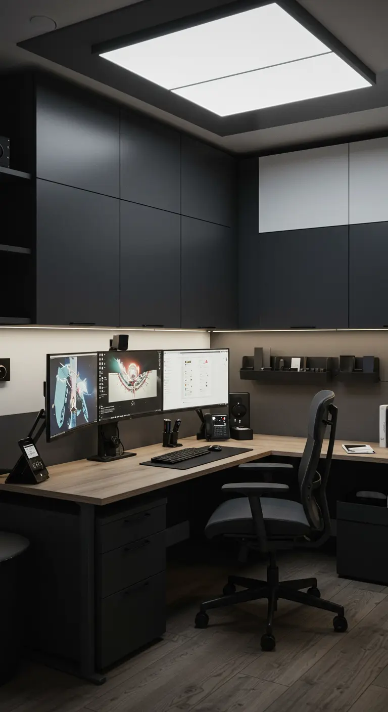Bureau gaming moderne avec plusieurs écrans, caissons noirs et éclairage d'ambiance LED.