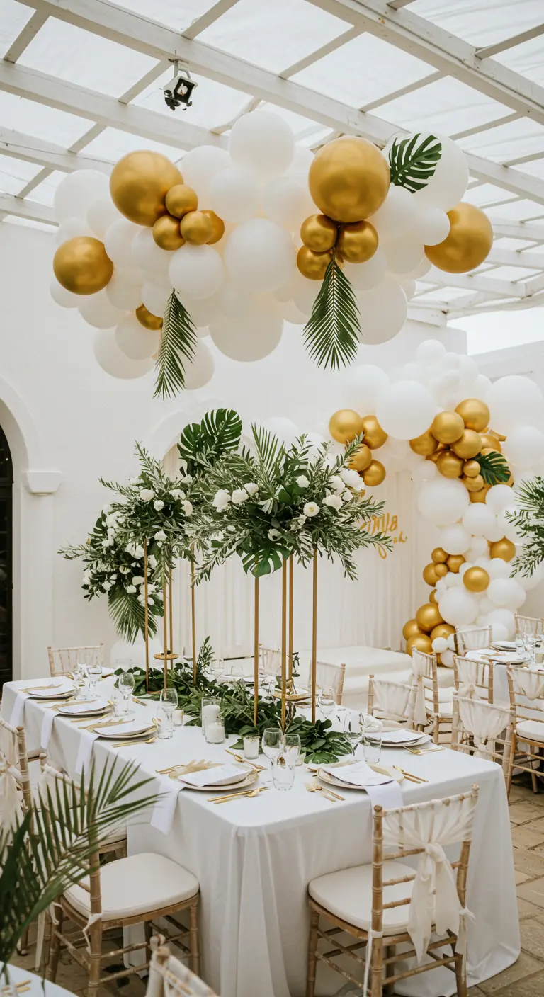 Salle de réception blanche et or avec de hauts centres de table floraux et des ballons.