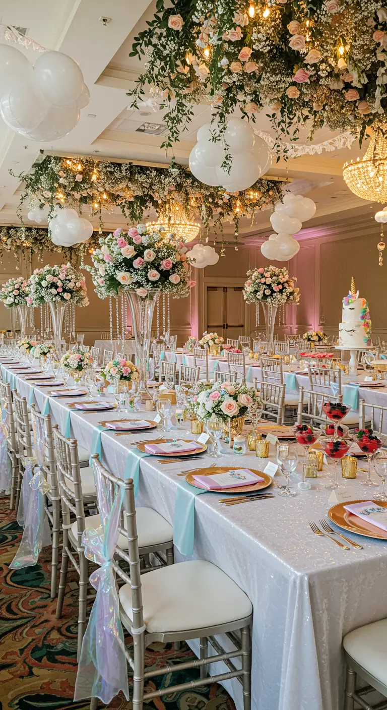 Grande salle de réception avec longues tables décorées de fleurs, ballons nuages et chandeliers.