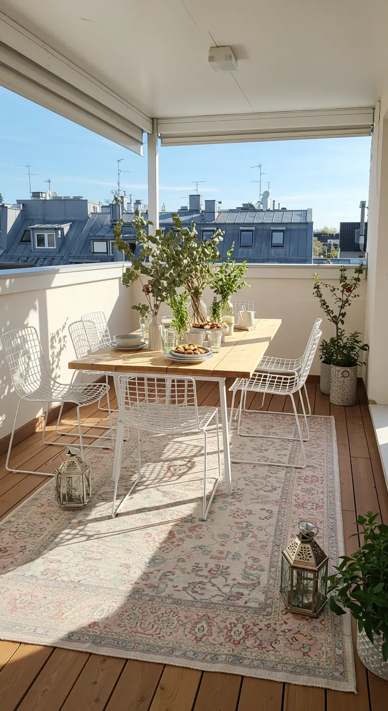 Balcon lumineux avec table et chaises blanches modernes, tapis clair à motifs et petites lanternes.