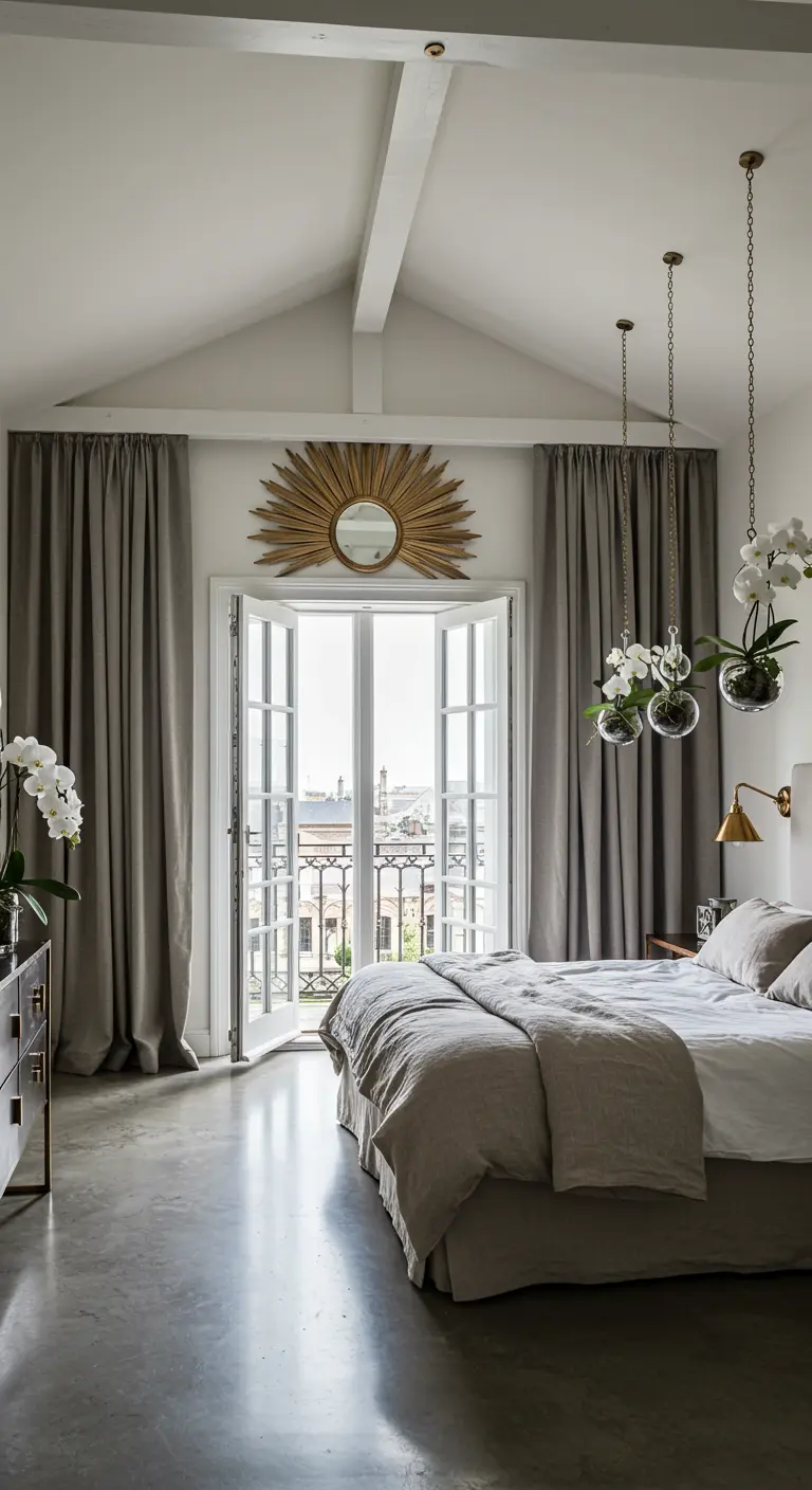Chambre élégante avec hauts plafonds, portes-fenêtres, miroir soleil et orchidées dans des sphères de verre suspendues.