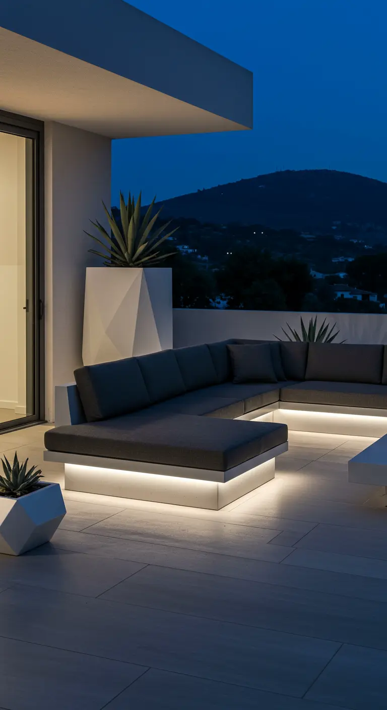 Canapé d'angle gris avec LED blanches, jardinières géométriques sur terrasse moderne.