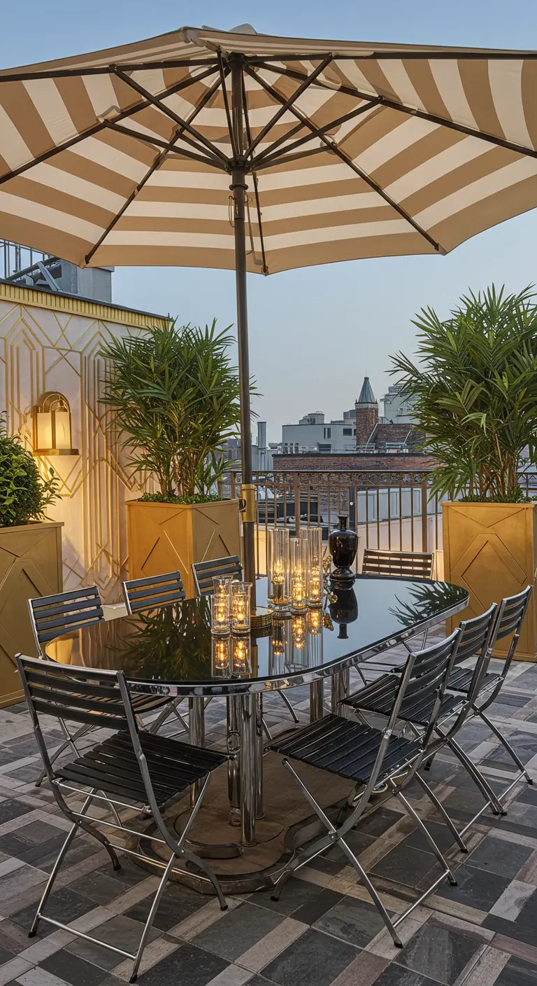 Table noire brillante, chaises noires, parasol rayé beige, grands pots dorés avec palmiers sur rooftop.