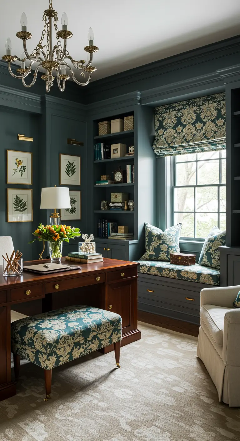 Bureau classique luxueux avec bibliothèque intégrée, banquette de fenêtre et mobilier riche