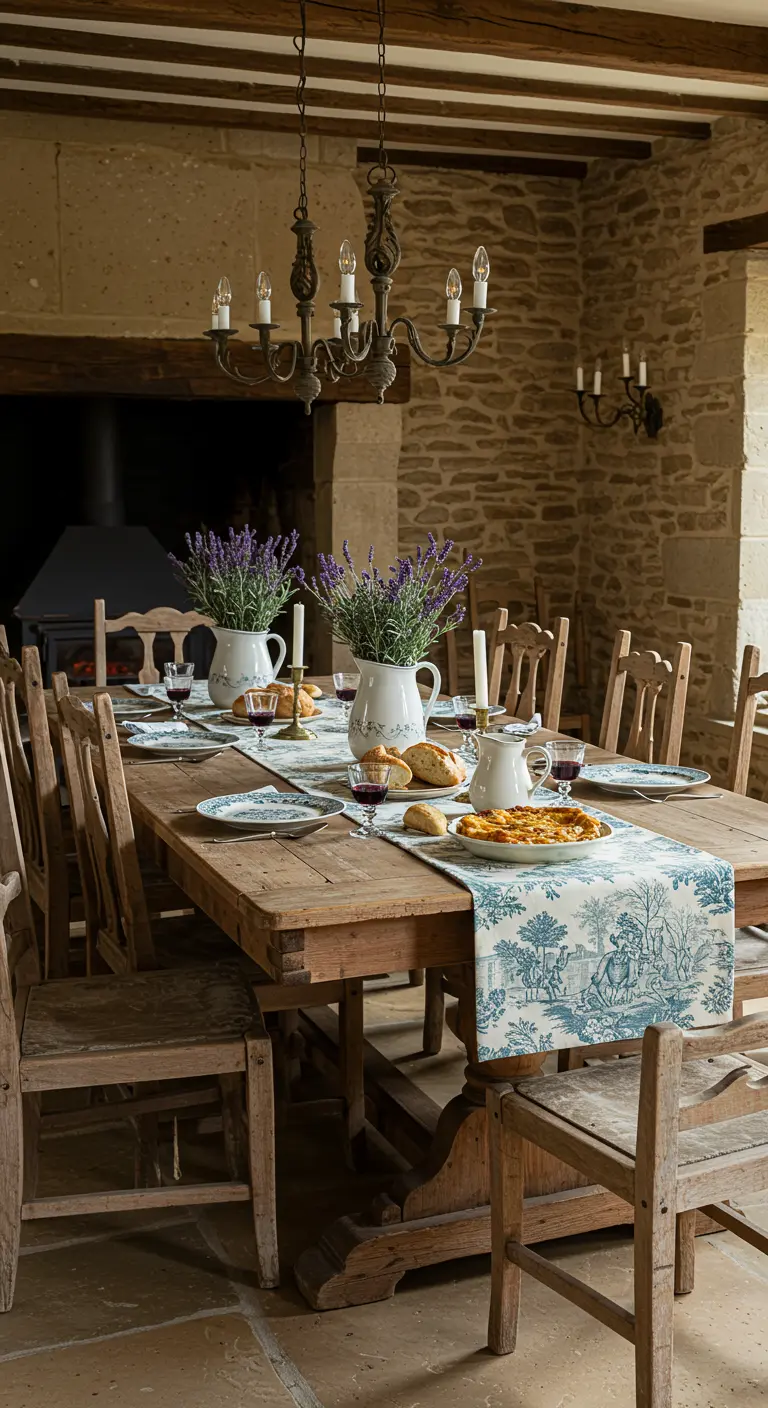 Chemin de table toile de Jouy bleu et blanc sur table rustique, avec bouquets de lavande.