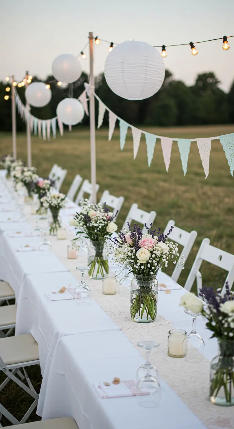 Longue table blanche avec bouquets de roses et lavande, guirlandes de fanions et lampions sous un ciel clair.