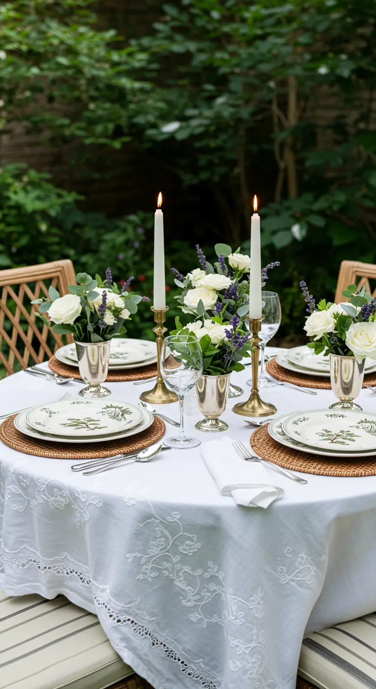 Table élégante d'été avec nappe blanche, roses blanches, lavande, chandeliers dorés et sous-assiettes en rotin.