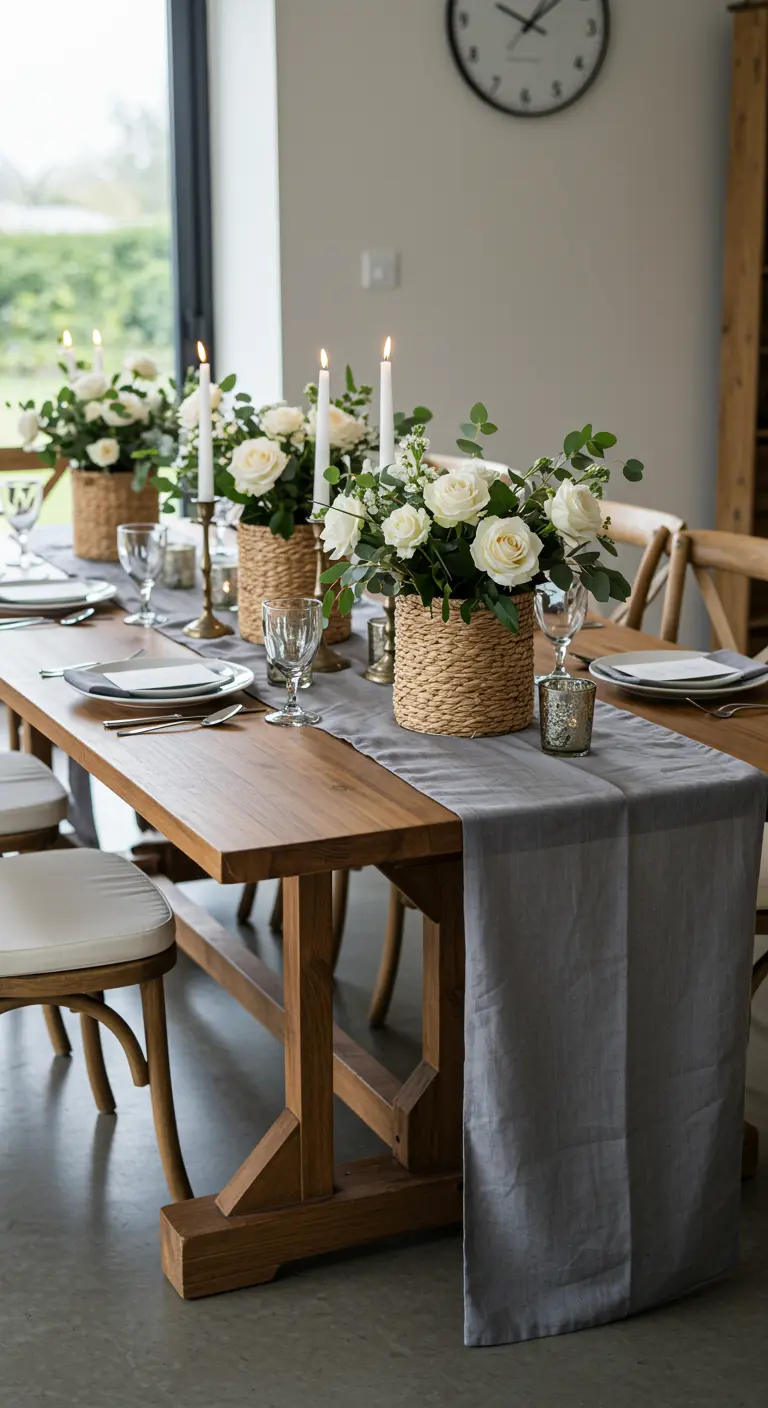 Table élégante avec chemin de table gris, paniers de roses blanches, chandeliers et verres à vin.