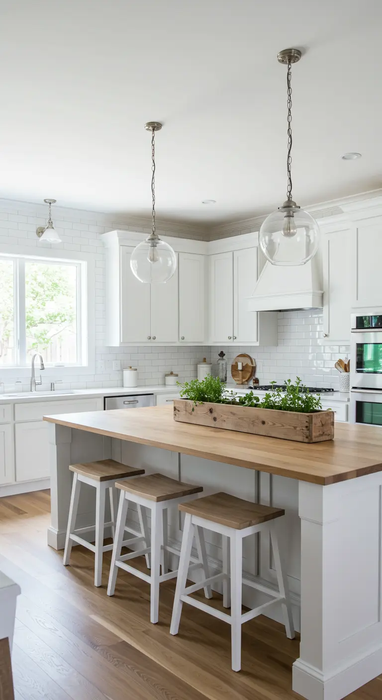 Îlot de cuisine blanc avec plateau en bois et jardinière d'herbes aromatiques