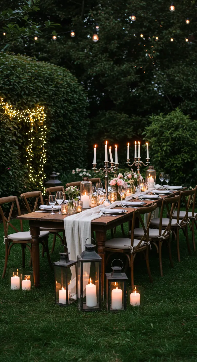 Table de dîner en plein air avec des chandeliers et lanternes à bougies sur l'herbe.