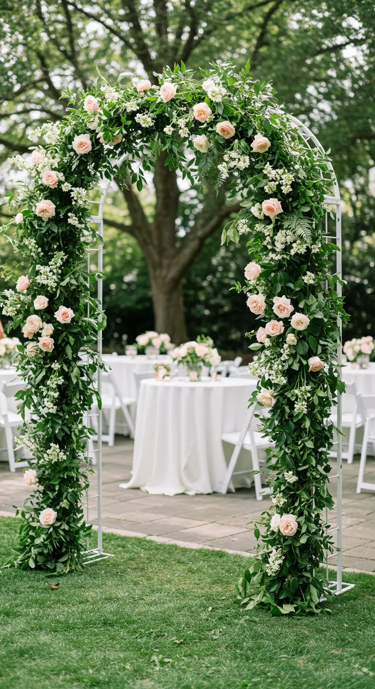 Arche blanche recouverte de feuillages verts luxuriants et de roses pâles dans un jardin élégant.