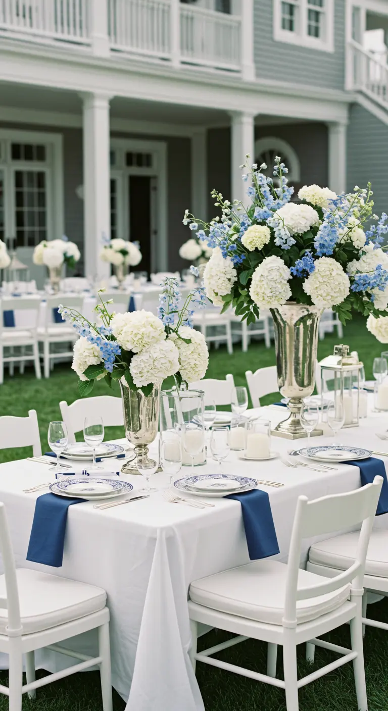 Tables de réception élégantes en extérieur avec nappes blanches, serviettes bleues, et grands bouquets blancs/bleus.