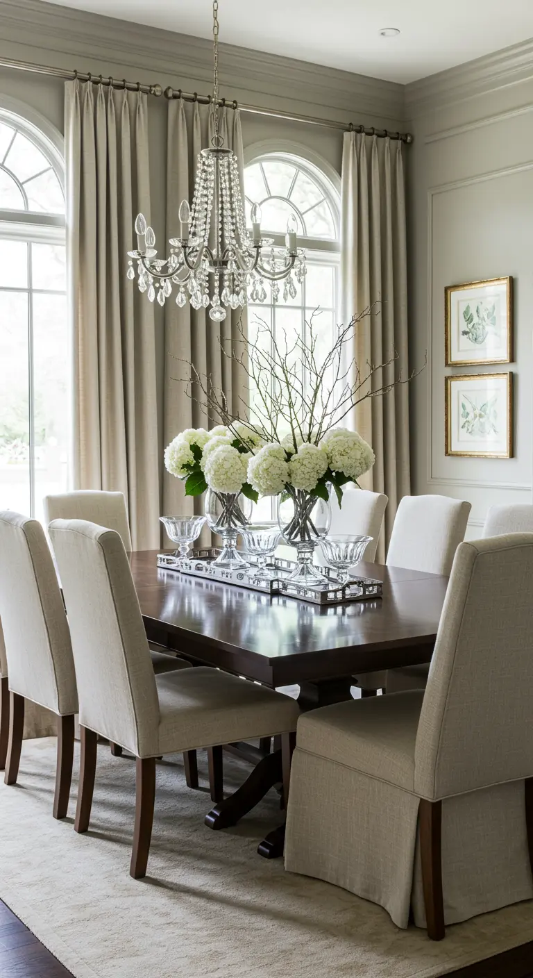 Salle à manger élégante avec un centre de table composé d'hortensias blancs dans des vases en verre et de bougeoirs en cristal.