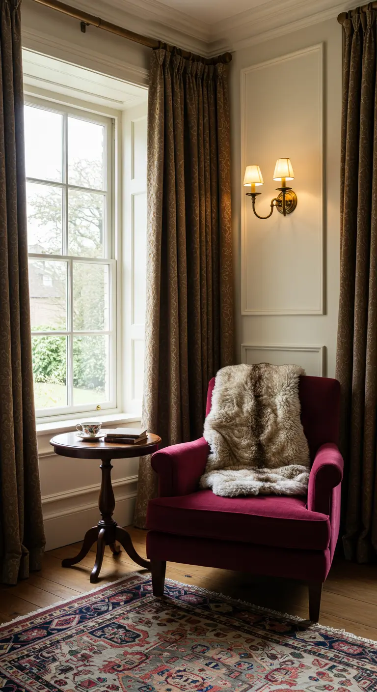 Fauteuil velours bordeaux, fausse fourrure, table tripode bois, appliques murales, tapis persan.