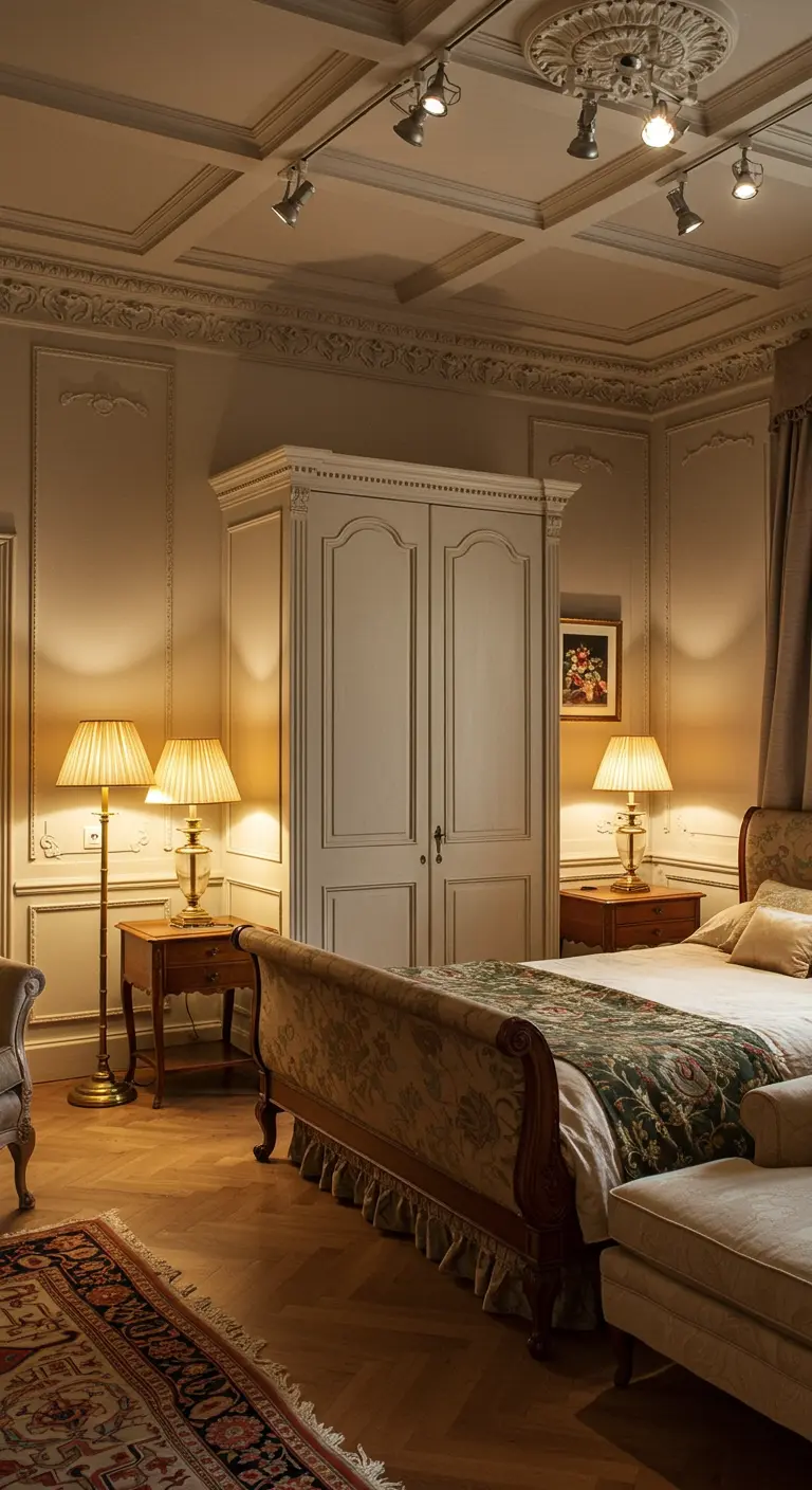 Chambre classique avec moulures, plusieurs lampes de chevet et spots au plafond.
